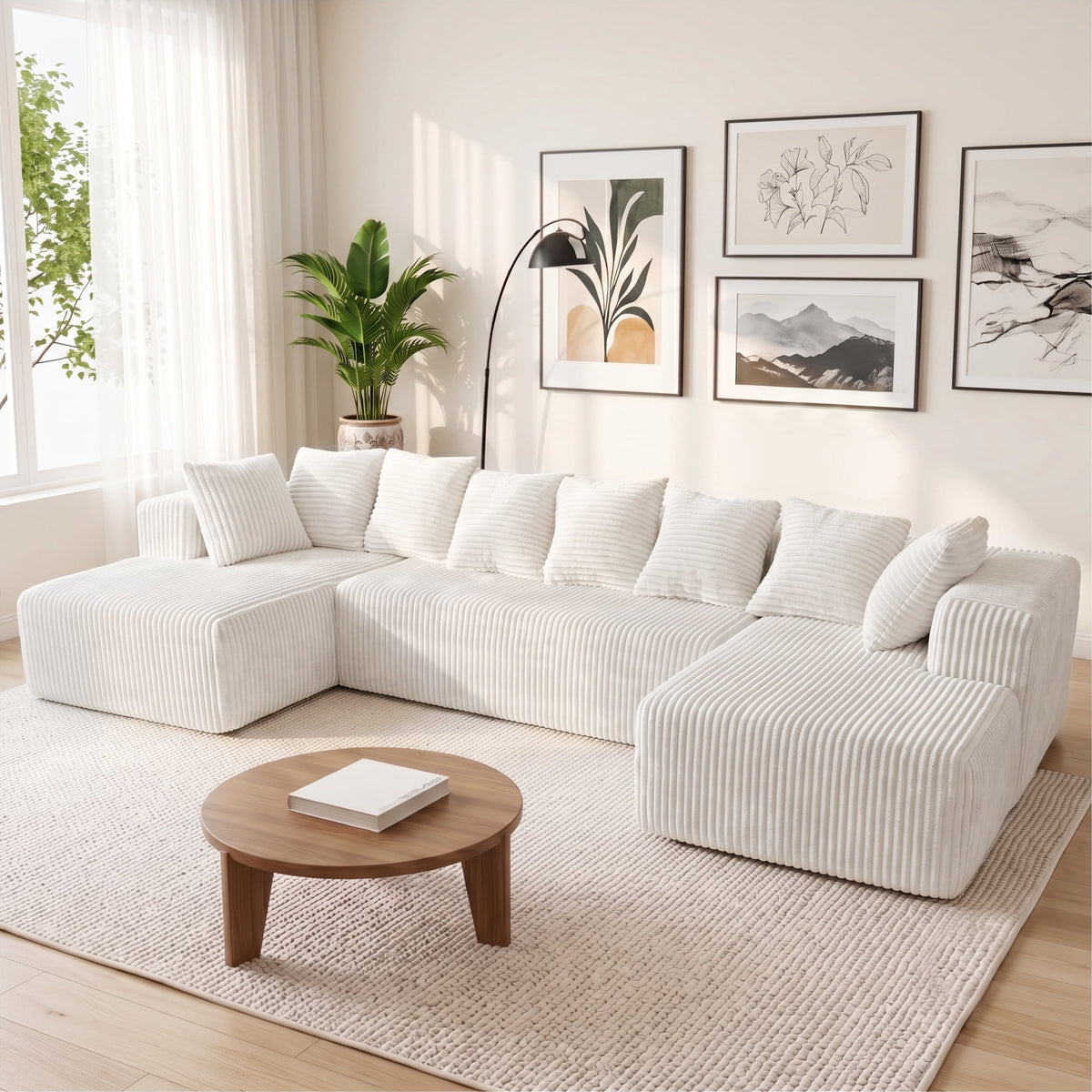  130" Boneless Couch, Modern Couches for Living Room, U-Shaped 4-Seat Modular Sofa with Chaise, Oversized, No Assembly, White