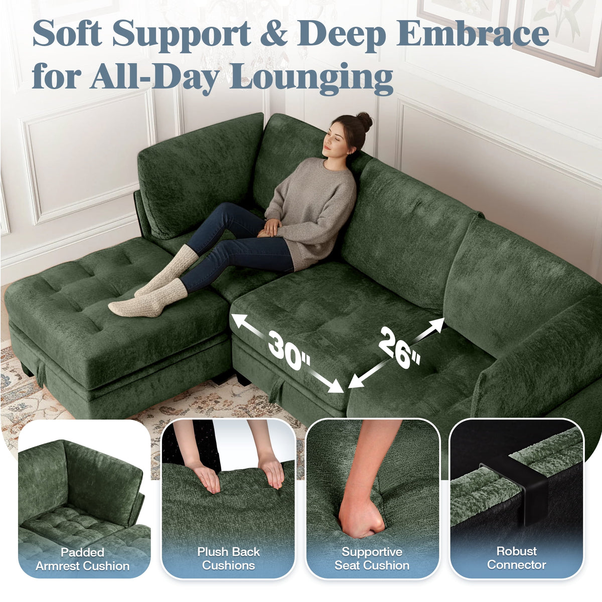 Advwin 7-Seater Oversized Modular Sectional Sofa with Ottoman & Storage Under Each Seat, Chenille Convertible Comfy Couch Sleeper with Extra Wide & Deep Seat for Living Room, Dark Green