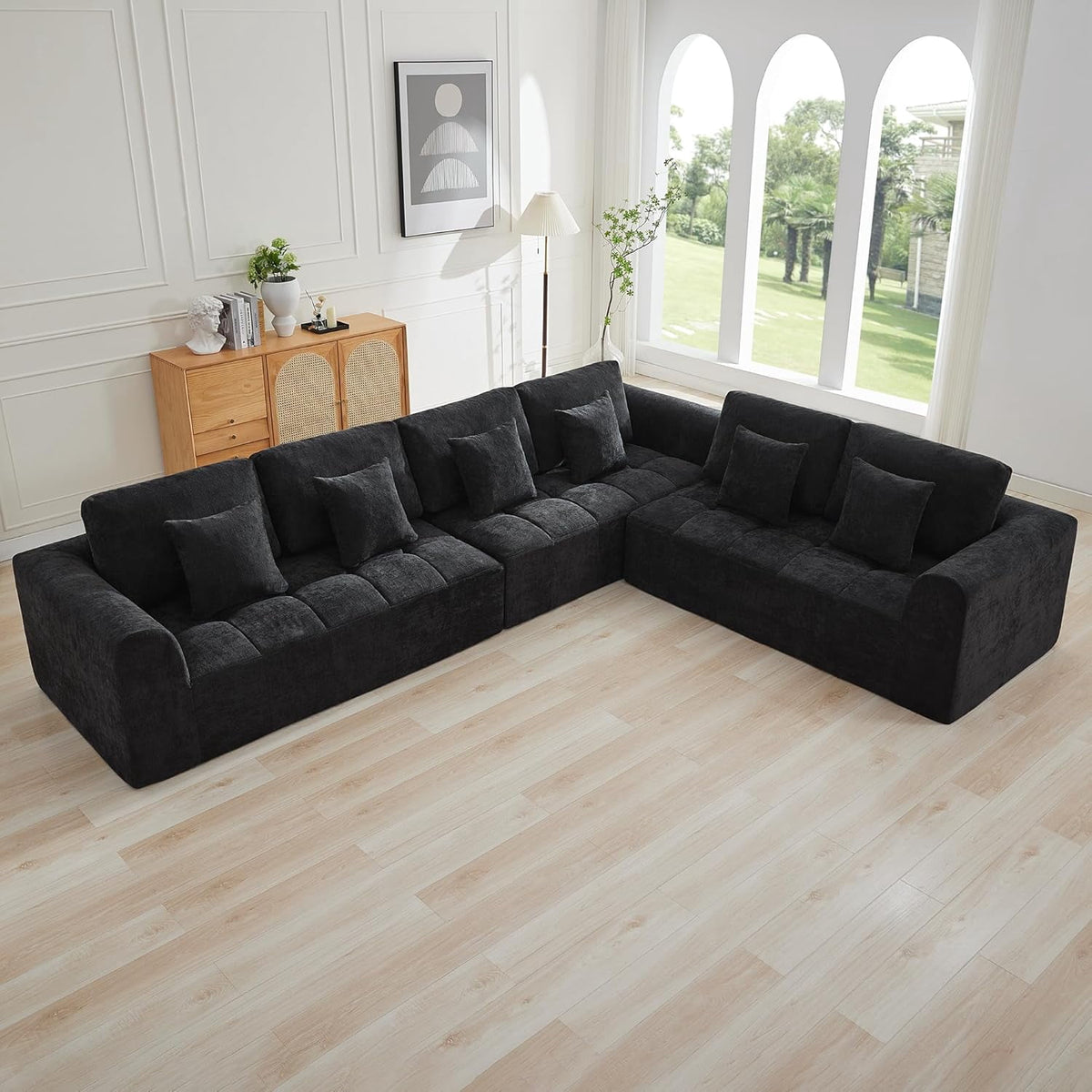 140''Modular Sectional Couches for Living Room, Cloud Boneless Compressed Sectional Sofa, Oversized L Shaped 6 Seater Upholstered Memory Foam Sofa, No Assembly, Chenille Black