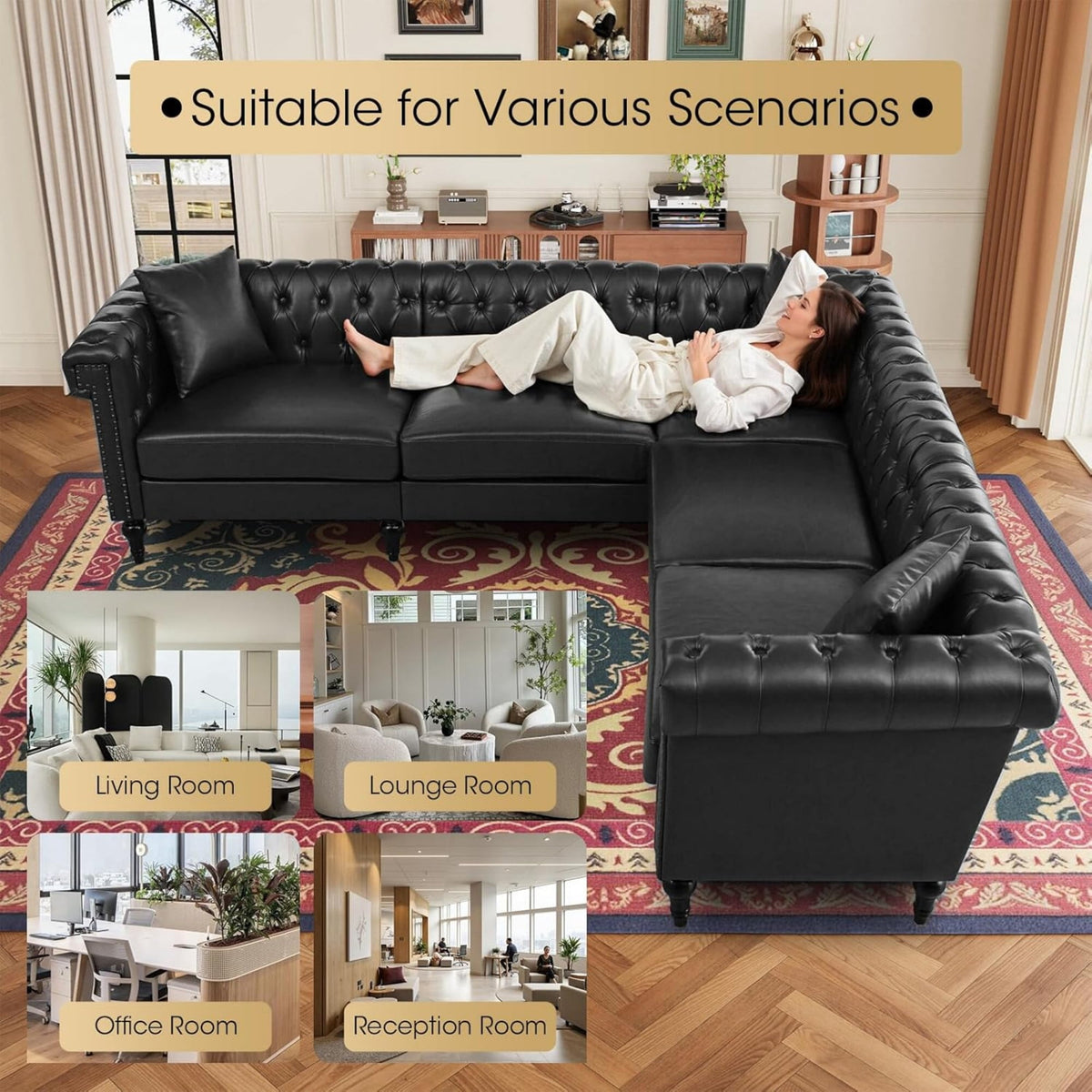  Sectional Sofa, 100" x 100" Chesterfield Sofa with Rolled Arms and Nailhead, 5 Seat Faux Leather Tufted Couch for Living Room Black