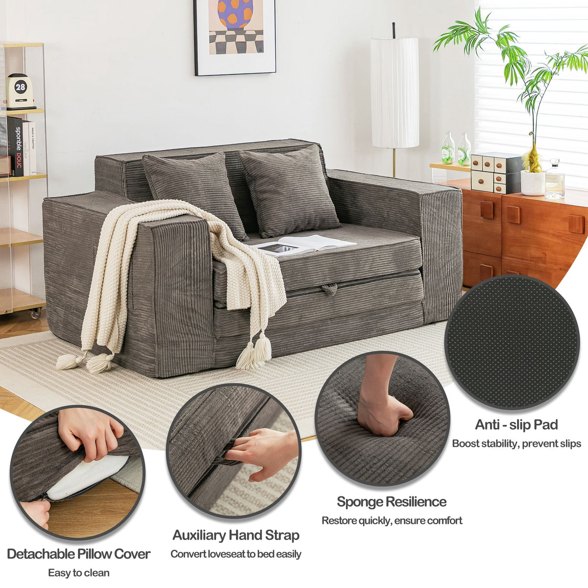 Vicluke Convertible Memory Foam 3-seat Sofa & Loveseat, Pull Out Sleeper Sofa Bed, 2 in 1 Folding Couch Bed, Fold Out Floor Couch Corduroy Fabric with Pillows for Living Room Bedroom Lounge(Grey)