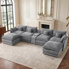 HUACANORA Contemporary Corduroy 6-Seat and Oversized U-Shaped Modular Sectional Cloud Couch with Hidden Storage Console and Cup Holders, Light Gray