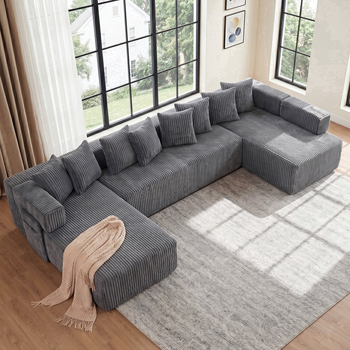 SOLIA 138.5" U-Shaped Cloud Modular Sectional Couch Corduroy with Chaise Lounge