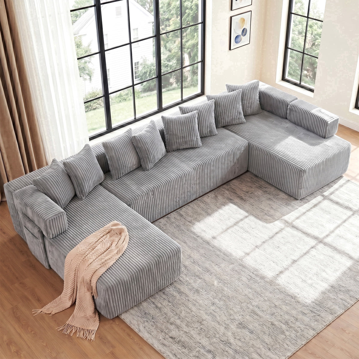 SOLIA 138.5" U-Shaped Cloud Modular Sectional Couch Corduroy with Chaise Lounge