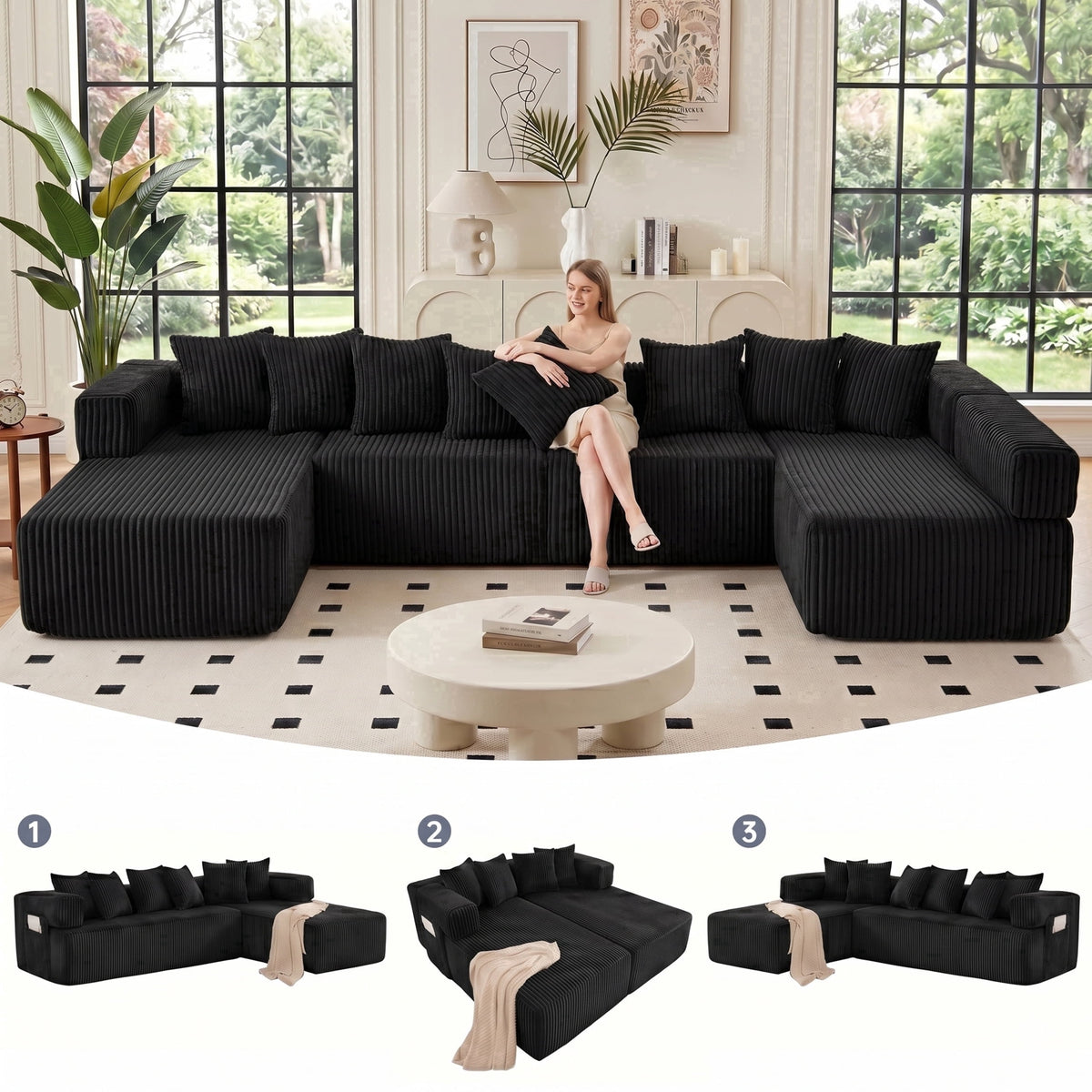 SOLIA 130" 4-Seat U-Shaped Cloud Modular Sectional Couch Corduroy with Chaise Lounge