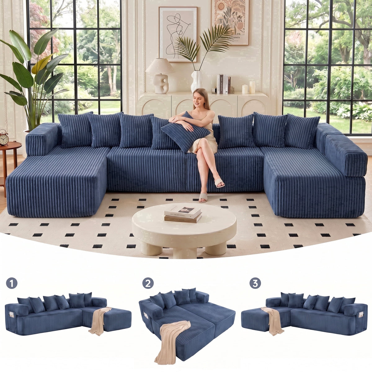 SOLIA 130" 4-Seat U-Shaped Cloud Modular Sectional Couch Corduroy with Chaise Lounge