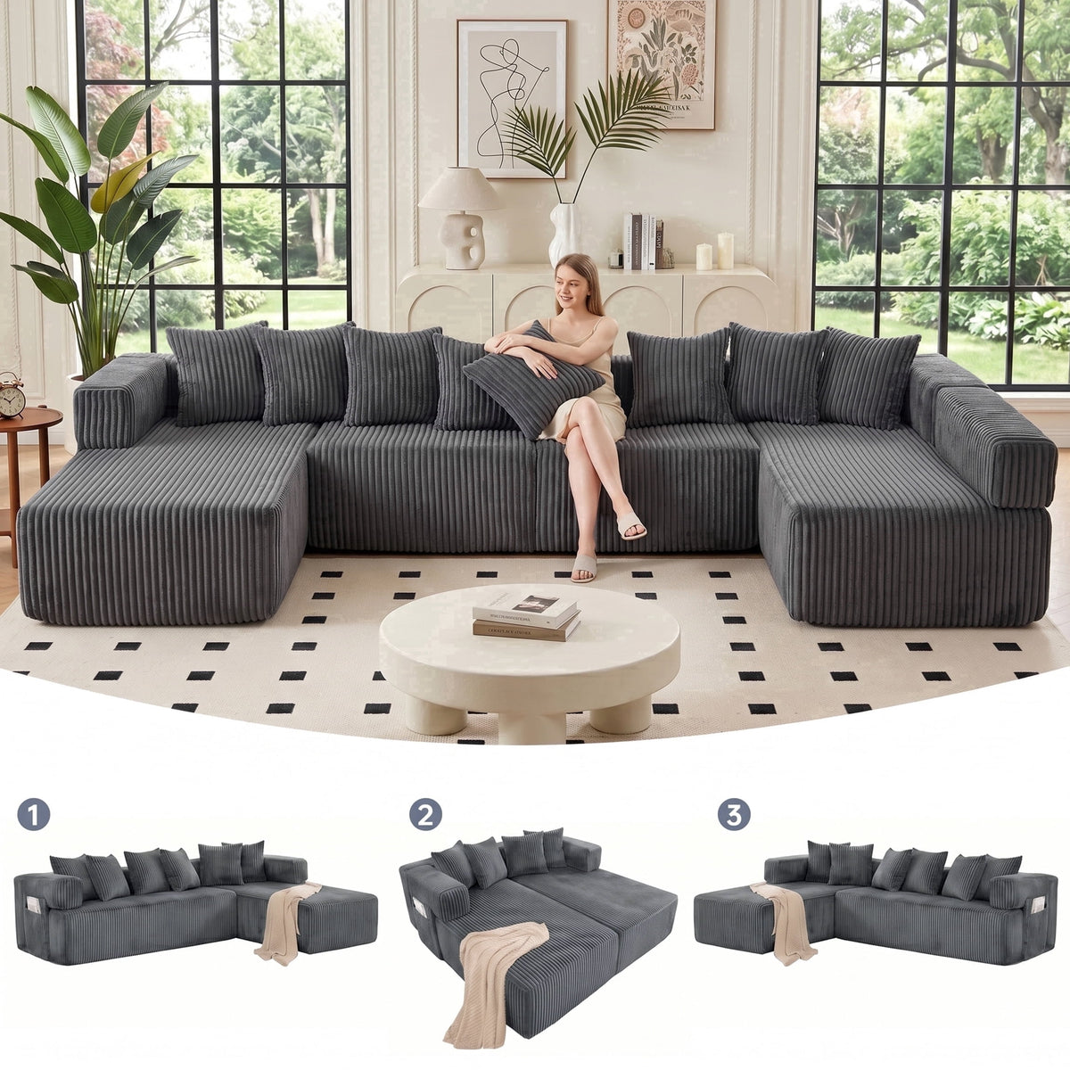 SOLIA 130" 4-Seat U-Shaped Cloud Modular Sectional Couch Corduroy with Chaise Lounge