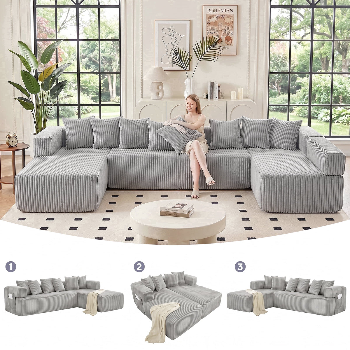 SOLIA 130" 4-Seat U-Shaped Cloud Modular Sectional Couch Corduroy with Chaise Lounge
