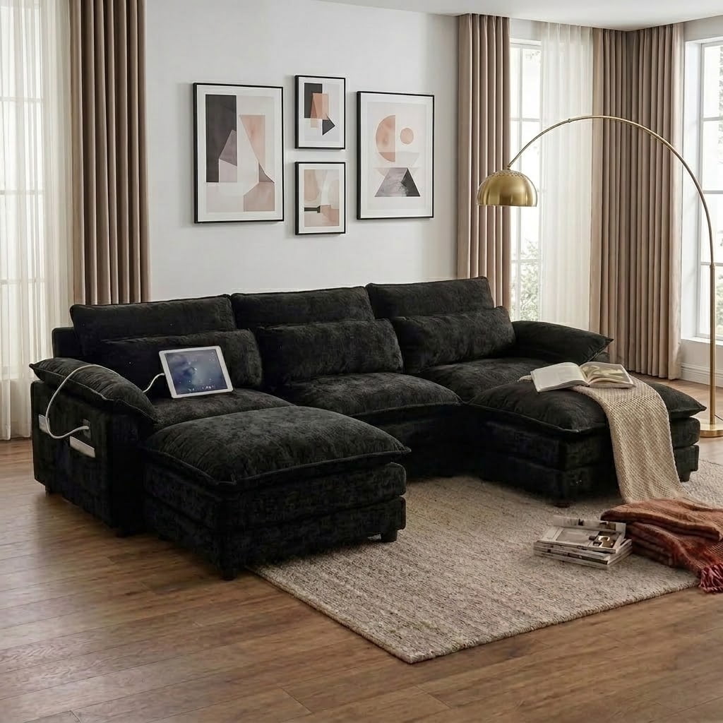  113" Modular Sectional Sofa, U-Shaped 3 Seater Cloud Couch with Movable Ottoman, Deep Seat Chenille Sofa with USB Charging Ports & Side Pockets for Living Room, Black