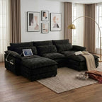  113" Modular Sectional Sofa, U-Shaped 3 Seater Cloud Couch with Movable Ottoman, Deep Seat Chenille Sofa with USB Charging Ports & Side Pockets for Living Room, Black
