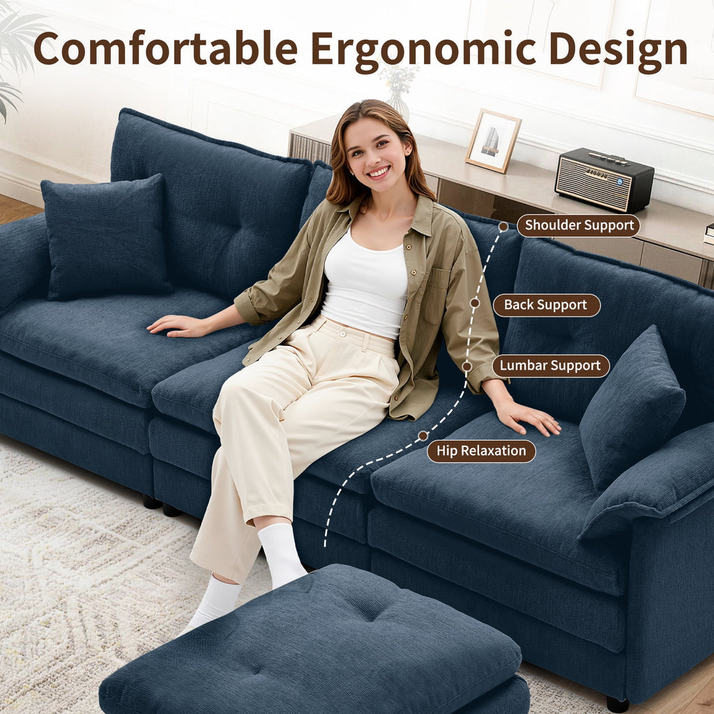 Korser L Shaped Modern Sofa with Movable Ottoman Convertible Modular Sectional Cloud Couch with Deep Seat & Pillow,Chenille 3-Seat Couches for Living Room,Assembly Required,Blue