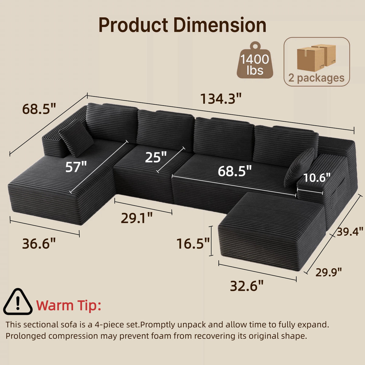 U-Shape Sectional Sofa, 135'' Modular Sectional Couch with Chaise Lounge, Couch Comfy Corduroy Floor Sofa for Living Room, Corduroy Upholstered 4-Seater Sofa with Pillow Back and Square Arms,