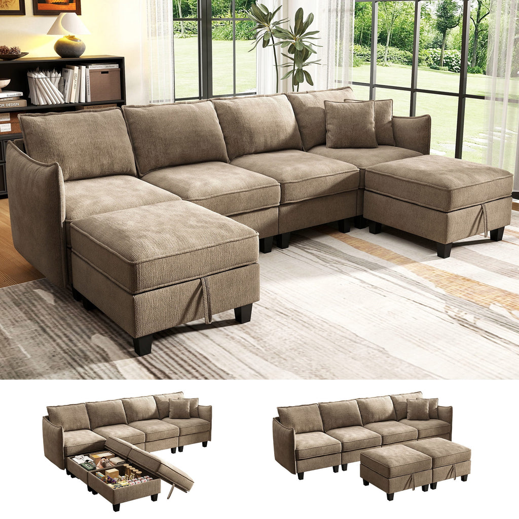  112" Modular Sectional Sofa with 2 Moveable Storage Ottoman, Cloud Couch Seats 6, Modern Living Room Furniture, Chenille Brown