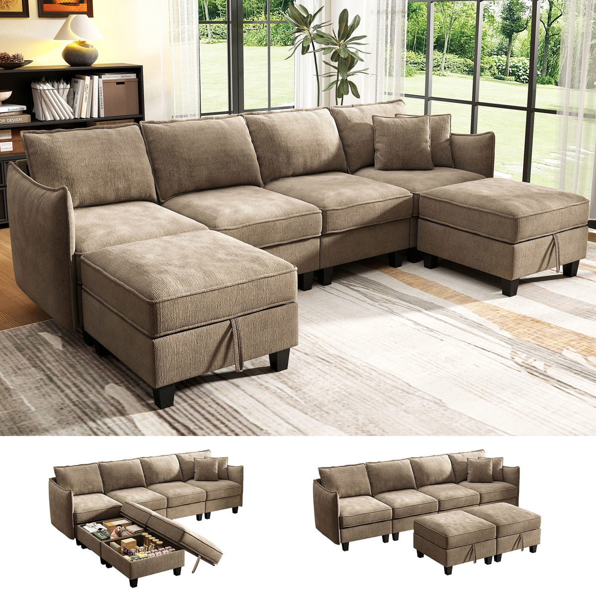  112" Modular Sectional Sofa with 2 Moveable Storage Ottoman, Cloud Couch Seats 6, Modern Living Room Furniture, Chenille Brown