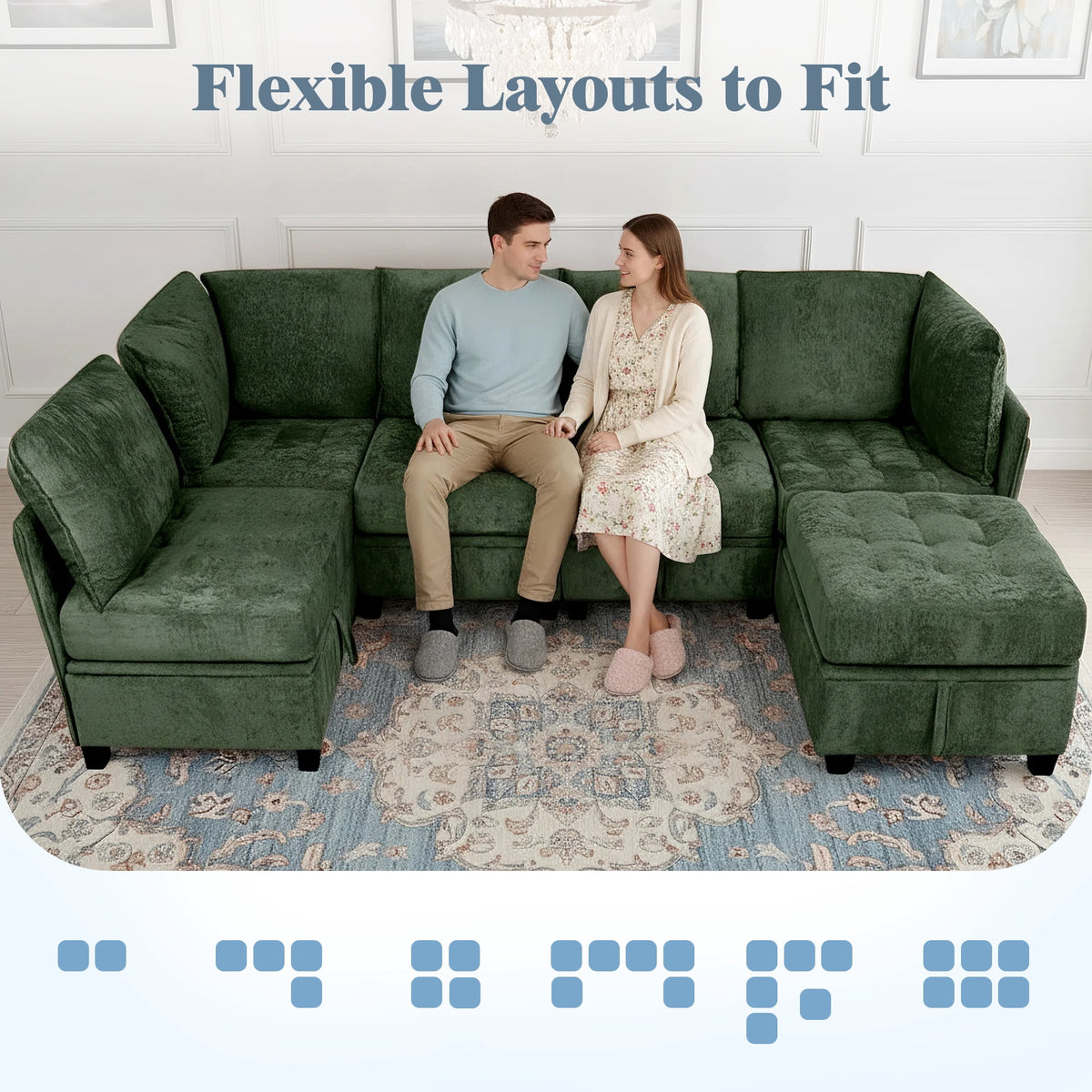 Advwin 7-Seater Oversized Modular Sectional Sofa with Ottoman & Storage Under Each Seat, Chenille Convertible Comfy Couch Sleeper with Extra Wide & Deep Seat for Living Room, Dark Green