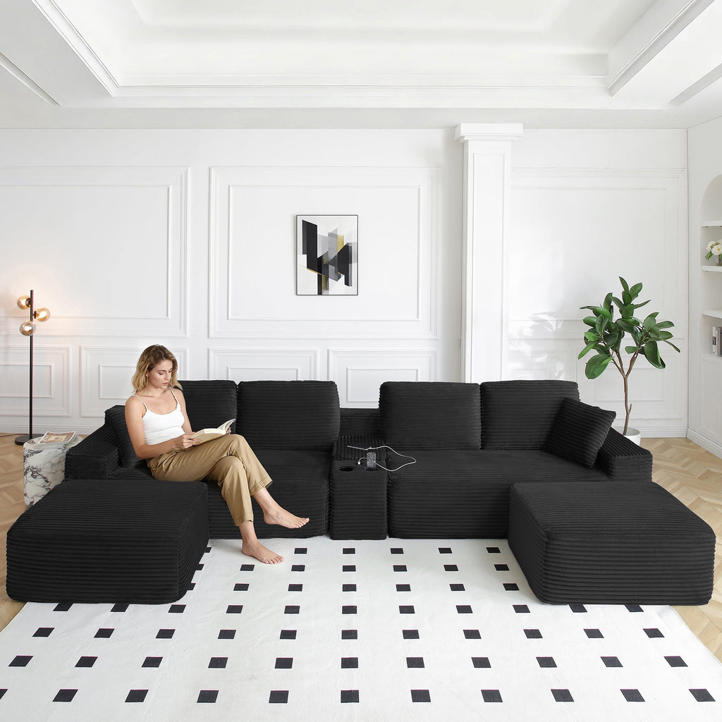  125 Inch Oversized Modern Cloud Couch, Modular Sectional Sofa Couch for Living Room, U Shape Couches with 2 Ottomans, USB Ports and Cup Holders, Corduroy Boneless Sofas, Black