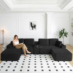  125 Inch Oversized Modern Cloud Couch, Modular Sectional Sofa Couch for Living Room, U Shape Couches with 2 Ottomans, USB Ports and Cup Holders, Corduroy Boneless Sofas, Black