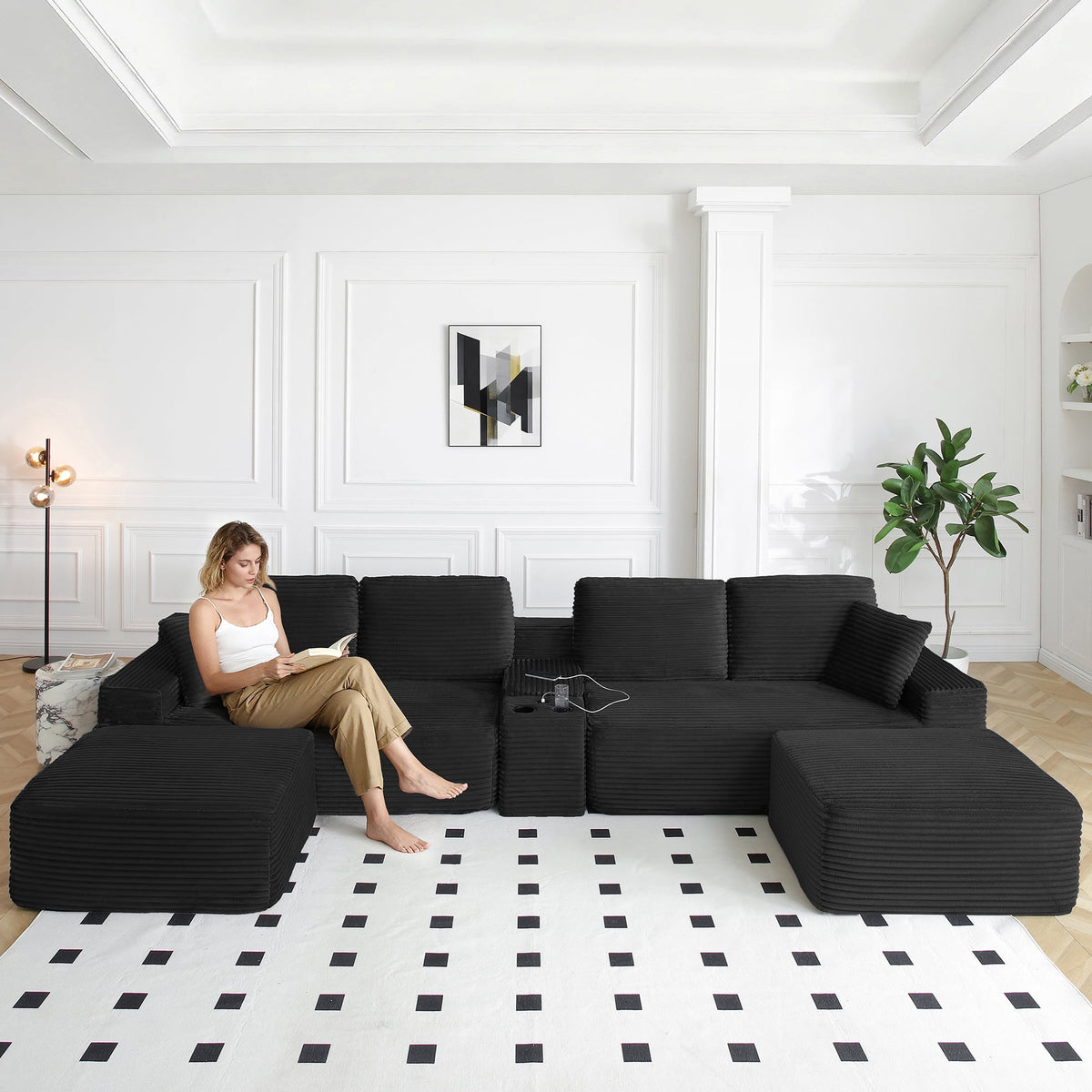  125 Inch Oversized Modern Cloud Couch, Modular Sectional Sofa Couch for Living Room, U Shape Couches with 2 Ottomans, USB Ports and Cup Holders, Corduroy Boneless Sofas, Black