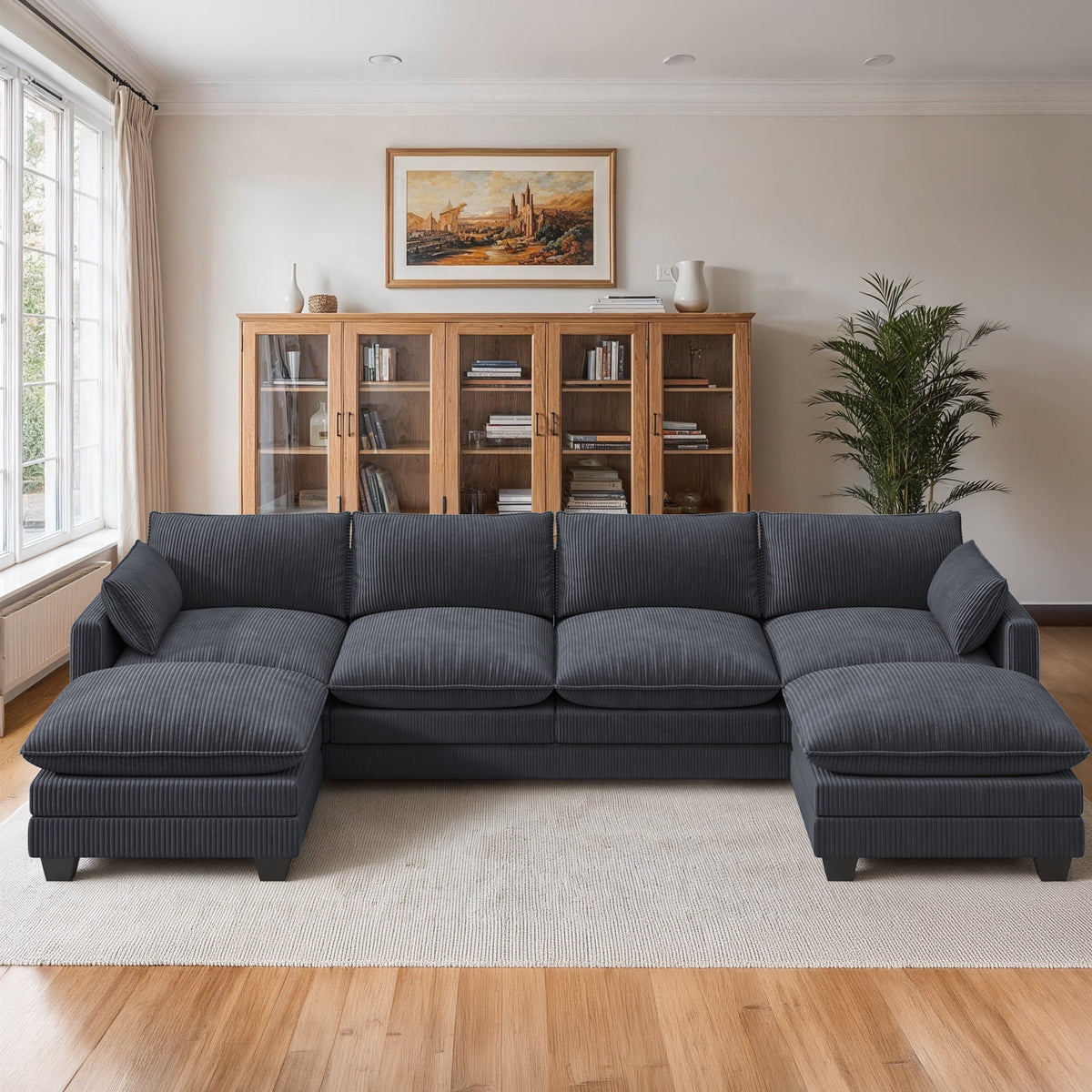  145.7" U Shaped Modular Sectional Sofa with Movable Ottomans, Corduroy Cloud Sofa Couch with 25.2" Deep Seat, Removable Washable Covers, 4-5 Seater Comfy Modular Sofa for Living Room Apartment