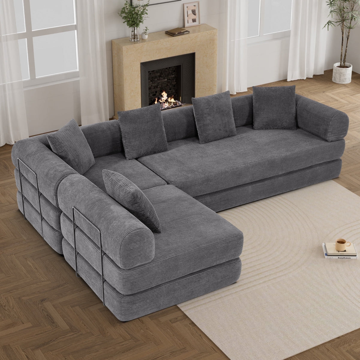 157" Convertible Sleeper Sofa Bed,Corduroy Futon Sofa Couch with High-Density Foam,Deep Seat Sofa for Living Room, Bedroom,Gray