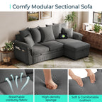  90.5" Sectional Sleeper Sofa With Pull Out Bed, Storage Chaise & USB Charging, Pull Out Couch with Side Pocket & Two Pillows for Living Room, Corduroy Grey