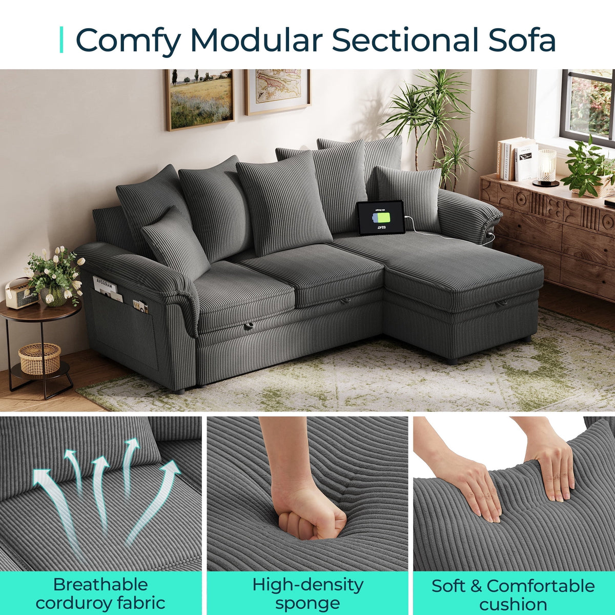 90.5" Sectional Sleeper Sofa With Pull Out Bed, Storage Chaise & USB Charging, Pull Out Couch with Side Pocket & Two Pillows for Living Room, Corduroy Grey