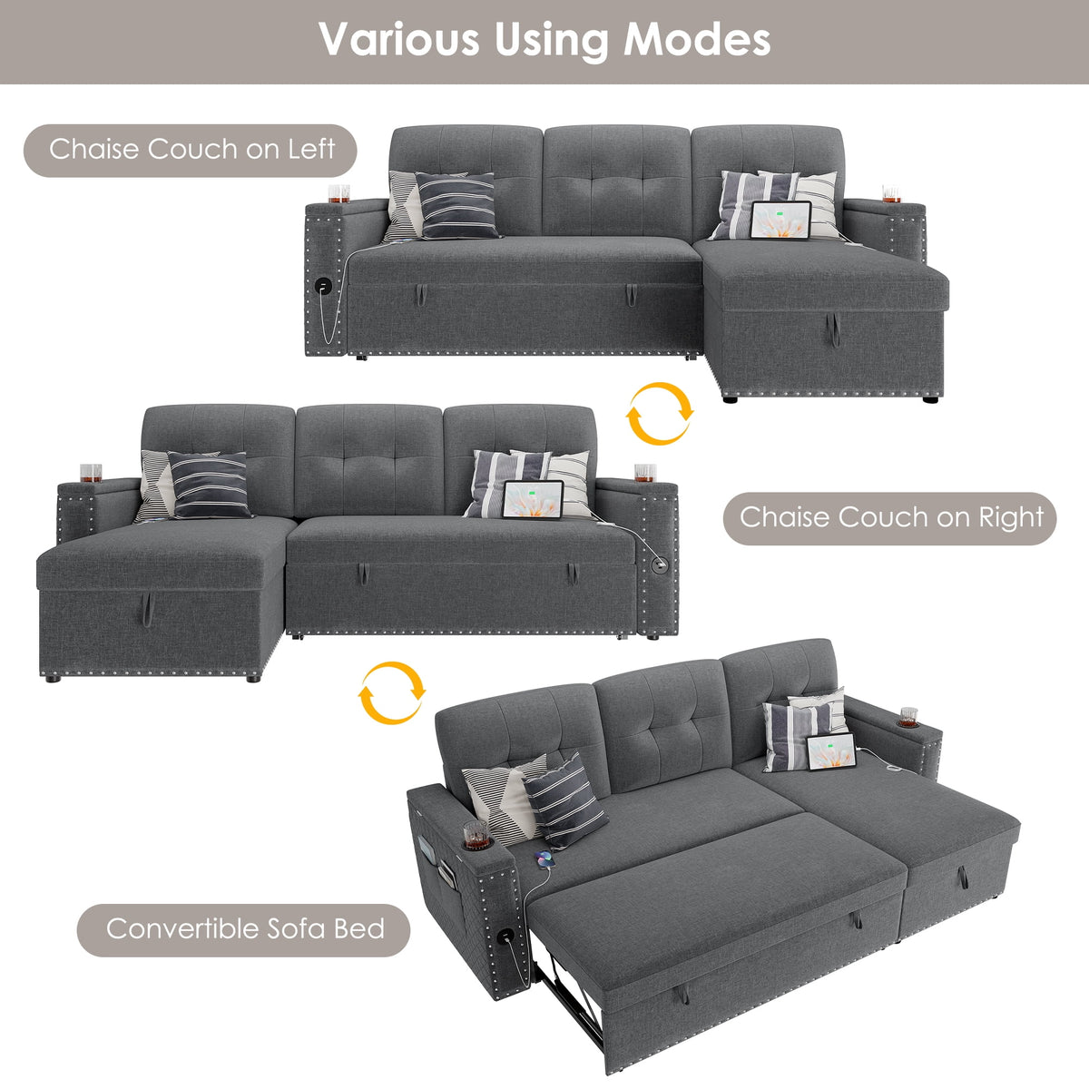 Homfa Gray Sofa Bed with Storage & USB Charging Port, L Shaped Sofa Bed Couches with Storage & Pull out Bed for Living Room