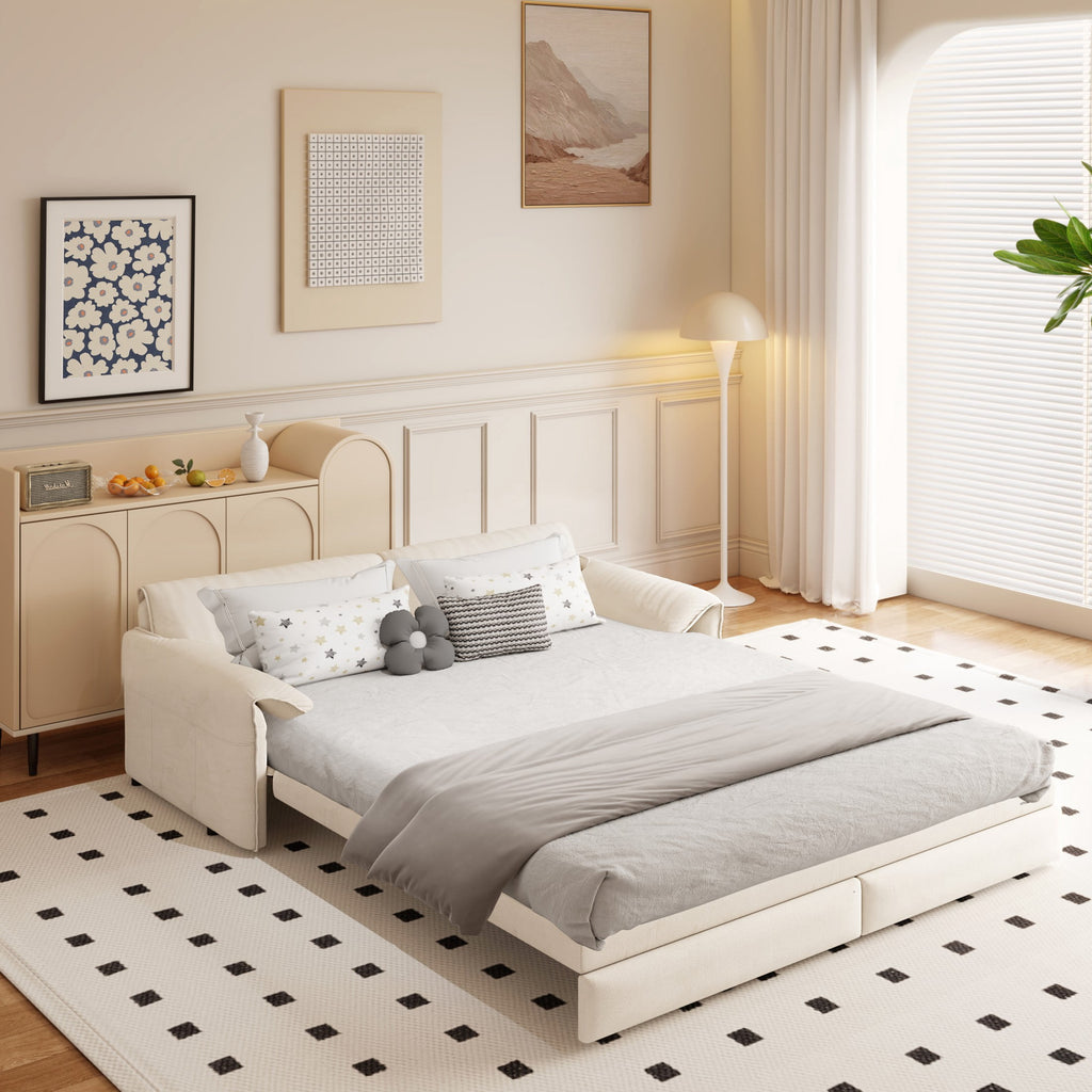  Queen Sleeper Sofa Bed, Convertible Loveseat Pull Out Sofa Couch with Pillow Arm/Side Pockets, Beige