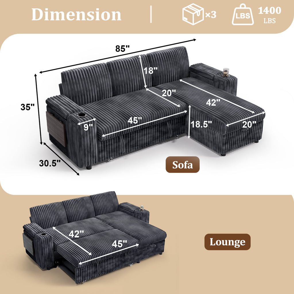 85" Modular Sectional Sleeper Sofa with Pull Out Bed, 3 Seat Plush L Shaped Couch with Storage Chaise|USB Ports|Cup Holders|Side Table|Storage Armrests, Tool Free Assembly, Corduroy Fabric Dark Gray