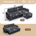 85" Modular Sectional Sleeper Sofa with Pull Out Bed, 3 Seat Plush L Shaped Couch with Storage Chaise|USB Ports|Cup Holders|Side Table|Storage Armrests, Tool Free Assembly, Corduroy Fabric Dark Gray