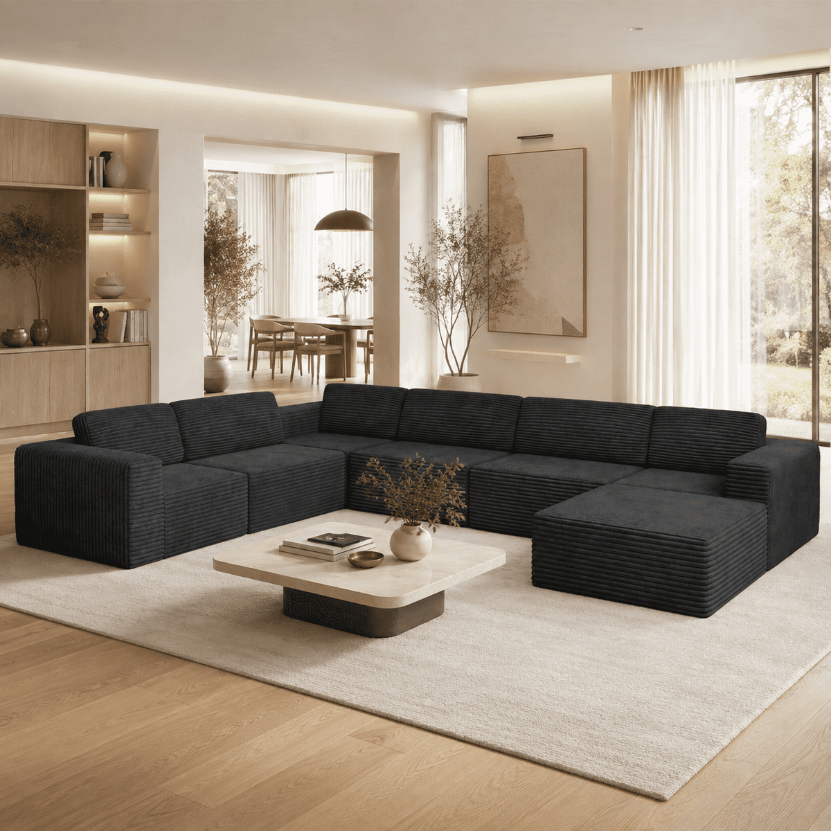 160" Oversized Boneless Sectional Couch Bed for living room, 7 Seats, Corduroy Modular U Shaped Sofa, Big Comfy Home Apartment Furniture, No Assembly Needed, Black