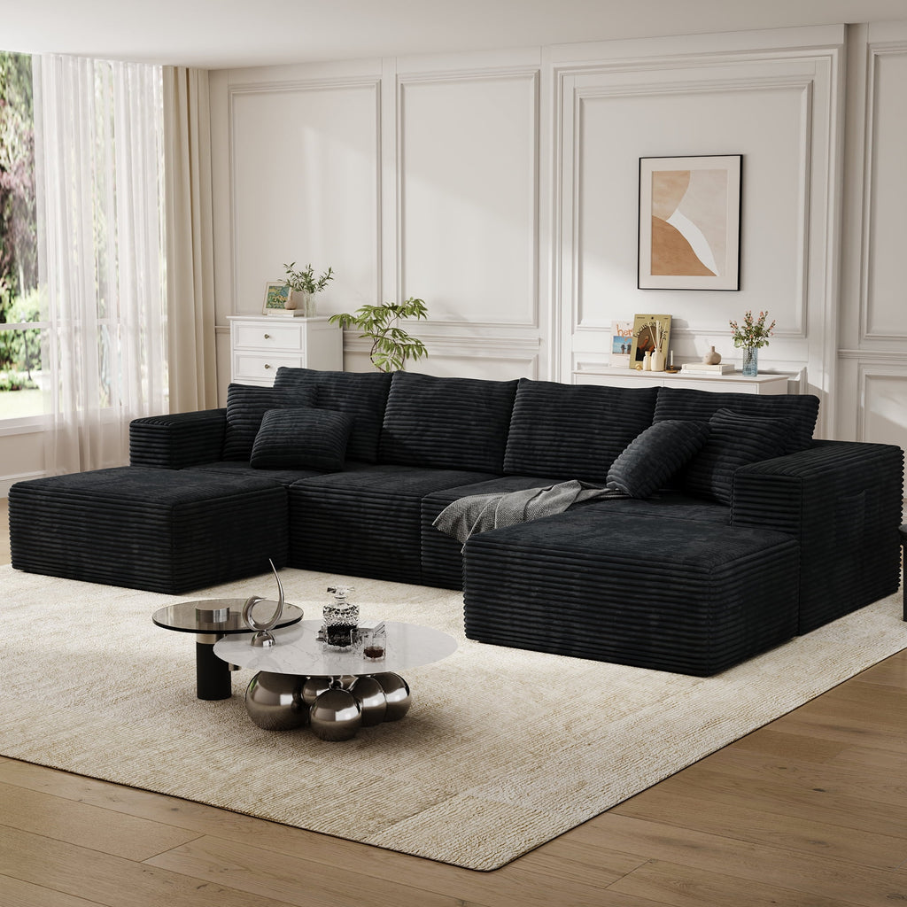 137" U-Shaped Sectional Sofa with Chaise, Modular Cloud Sectional Couch with Deep Seat for Living Room, Modern Boneless Couch with Back Cushion, Pillow, Ottoman, No Assembly Required, Corduroy Fabric
