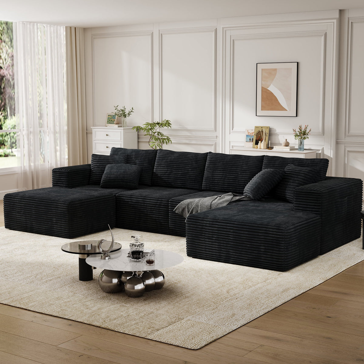 137" U-Shaped Sectional Sofa with Chaise, Modular Cloud Sectional Couch with Deep Seat for Living Room, Modern Boneless Couch with Back Cushion, Pillow, Ottoman, No Assembly Required, Corduroy Fabric