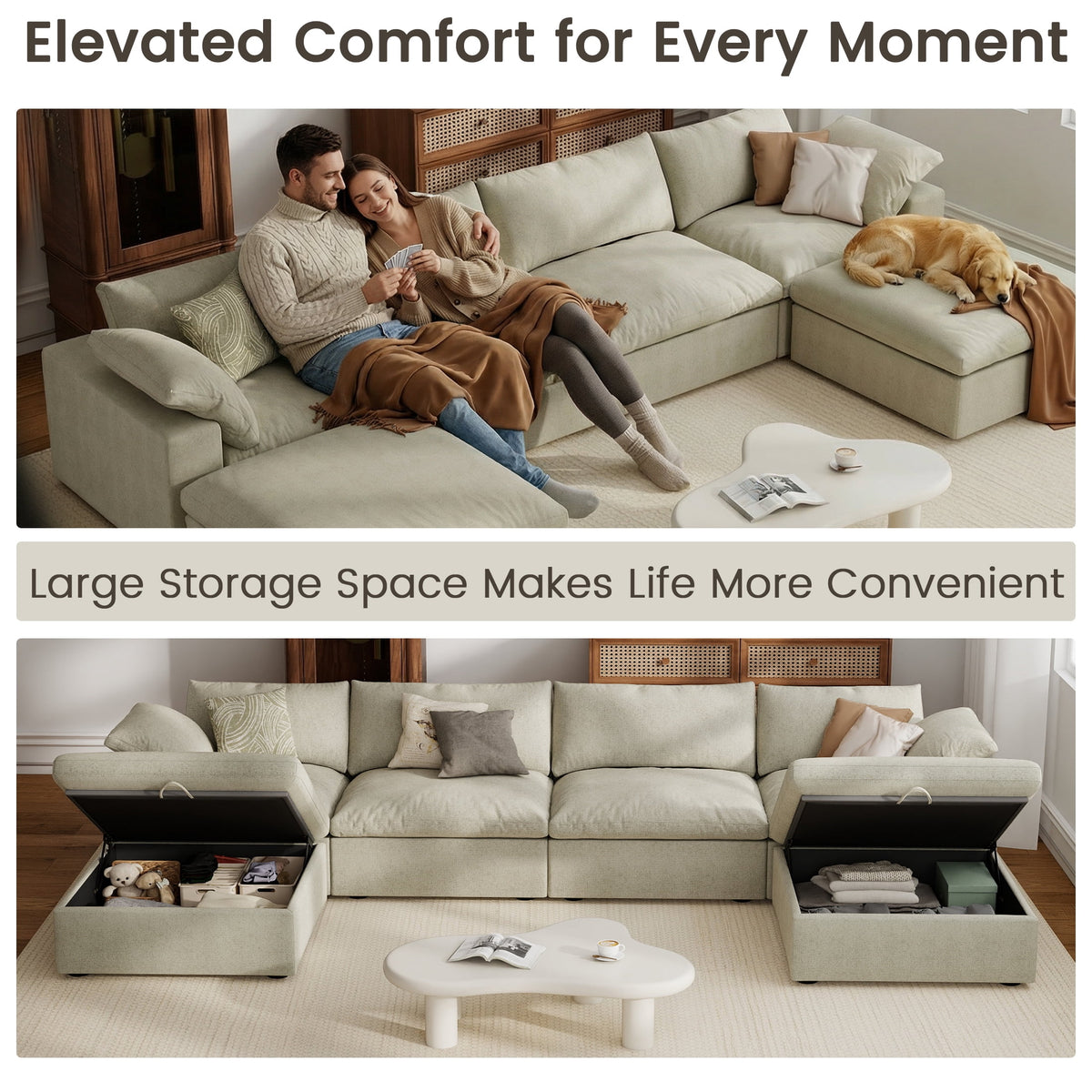 The Magic Home 118" Sofa Couch, Cloud Modular Sectional Sofa with Removable Storage Ottoman, L Shaped Linen Modern Comfy for Living Room, Apartment, Office, DIY Combination, 3 Seater Khaki Couch