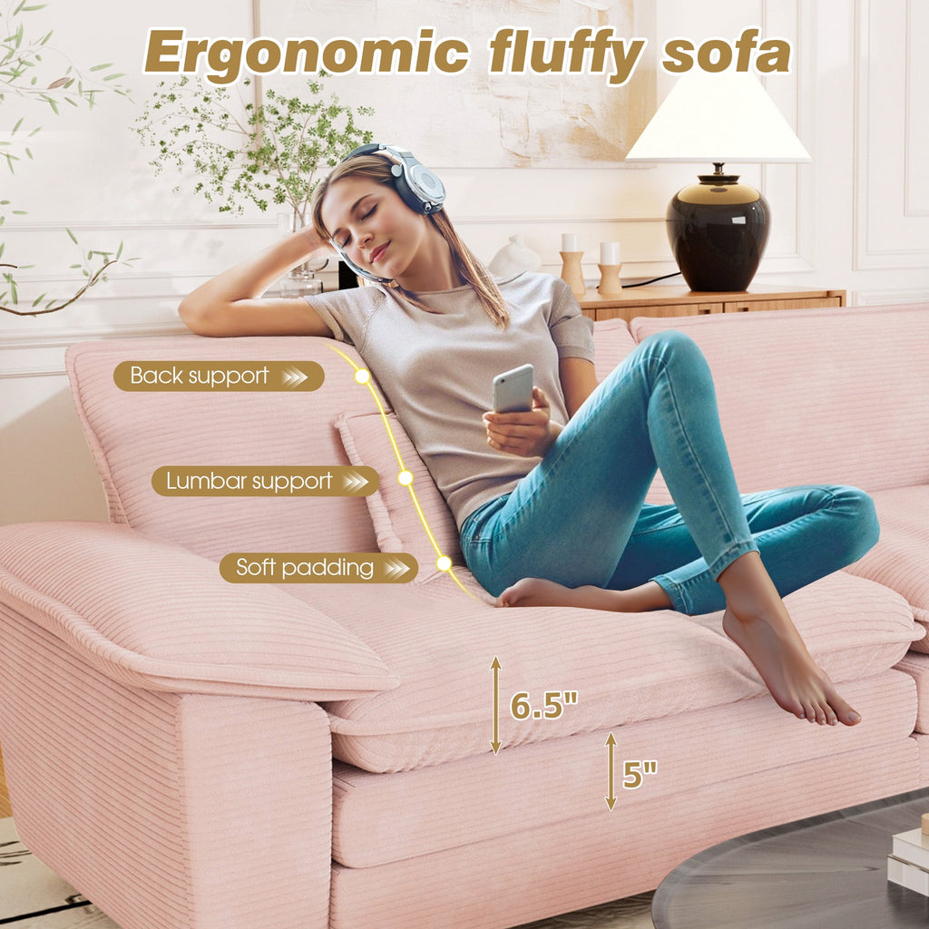 Muumblus Comfy Modular Sectional Sofa with 2 Ottoman, Deep Seat 80.5" Modern Oversized Corduroy Cloud Couch, Fluffy Deep Seat Chaise Lounge Sleeper Sofa for Living Room Apartment, Pink