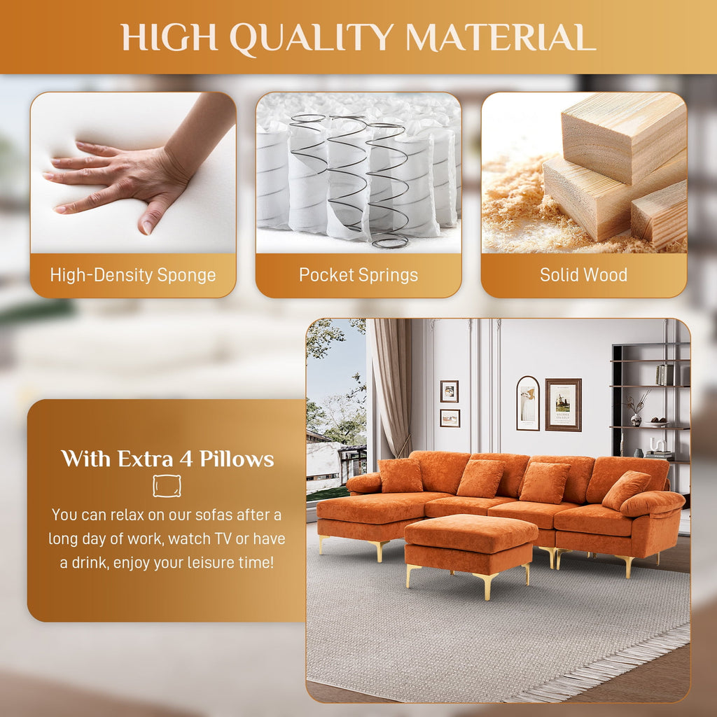 Wiilayok U Shaped Sectional Sofa,Velvet Modular 4 Seat Sofa Couch,114 inch L-Shaped Couch Set with Chaise Lounge, Ottoman& Pillows for Living Room,Orange