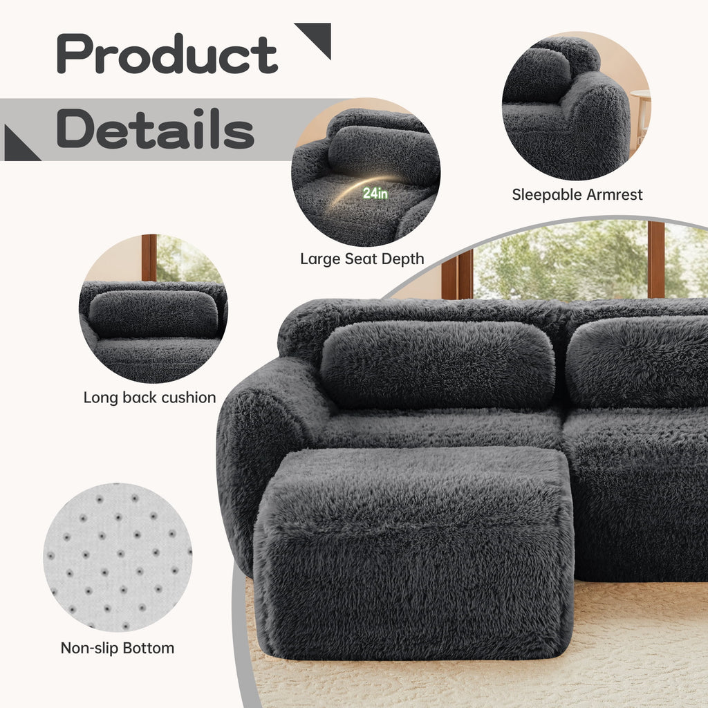 Homefun 114" L-Shaped Plush Sectional Sofa with Movable Ottoman No Assembly 32D Sponge Anti-Slip Bottom,Dark Grey