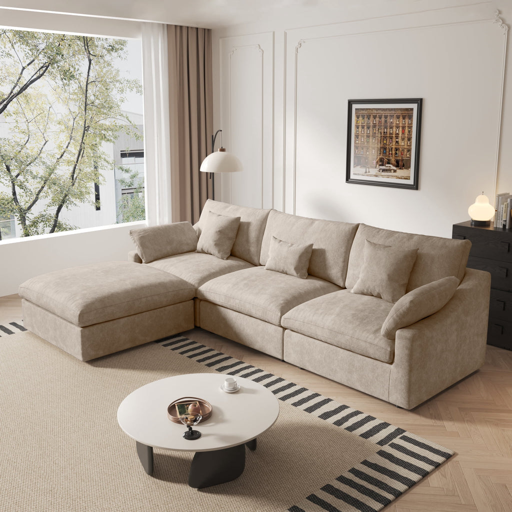 Sdorens 120" Modular Sectional Sofa,Comfy Cloud Couch with Movable Ottoman Deep Seat Chenille L Shaped Modular Sofa,Sectional Couches for Living Room,Bedroom and Apartment,Khaki