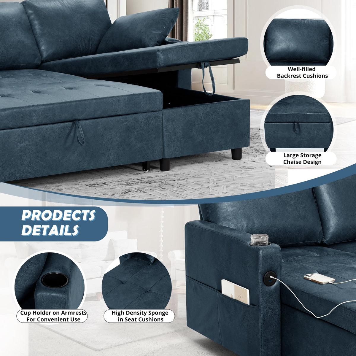 ACMEASE 108" Suede Leather Sectional Sofa w/Adjustable Backrests, Pull Out Sofa Bed w/USB Charger Port& Reversible Storage Chaise,Convertible U-Shaped Sofa with Cup Holders for Living Room,Blue