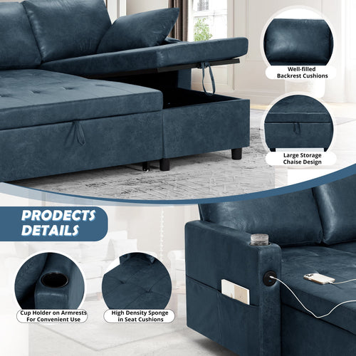 ACMEASE 108" Suede Leather Sectional Sofa w/Adjustable Backrests, Pull Out Sofa Bed w/USB Charger Port& Reversible Storage Chaise,Convertible U-Shaped Sofa with Cup Holders for Living Room,Blue