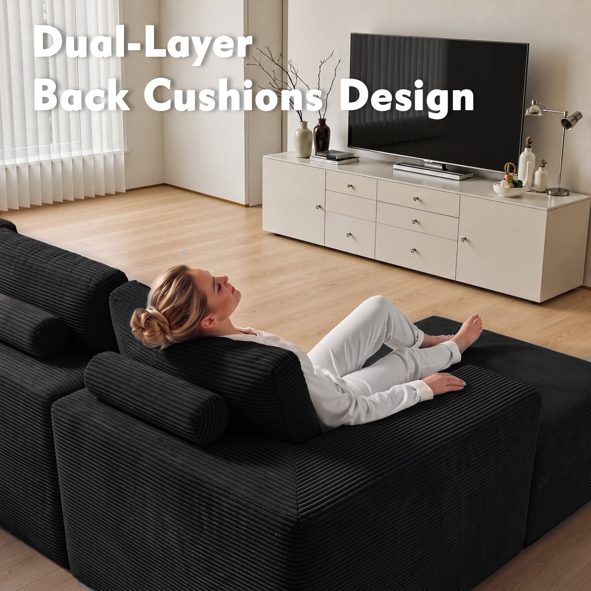  106" Boneless Sectional Couch, Deep Seat Modular L-Shaped Sofa with Chaise for Living Room, Apartment, Black (Corduroy)