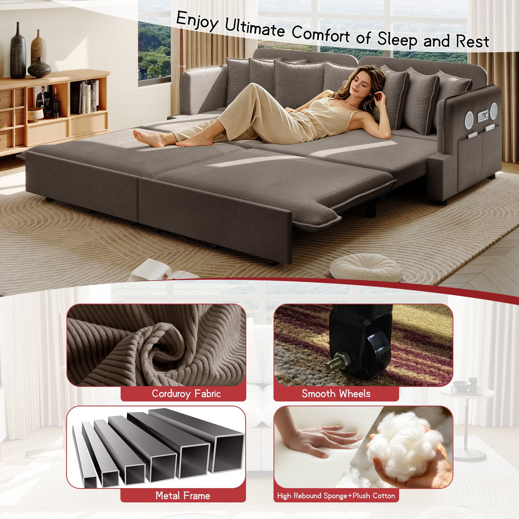 Pull Out Sofa Bed King Size, 82" Loveseat Sofa with Bluetooth Speakers, USB Ports, Side Pockets, Corduroy Sofa Couch Convertible Sofa Bed for Living Room Brown