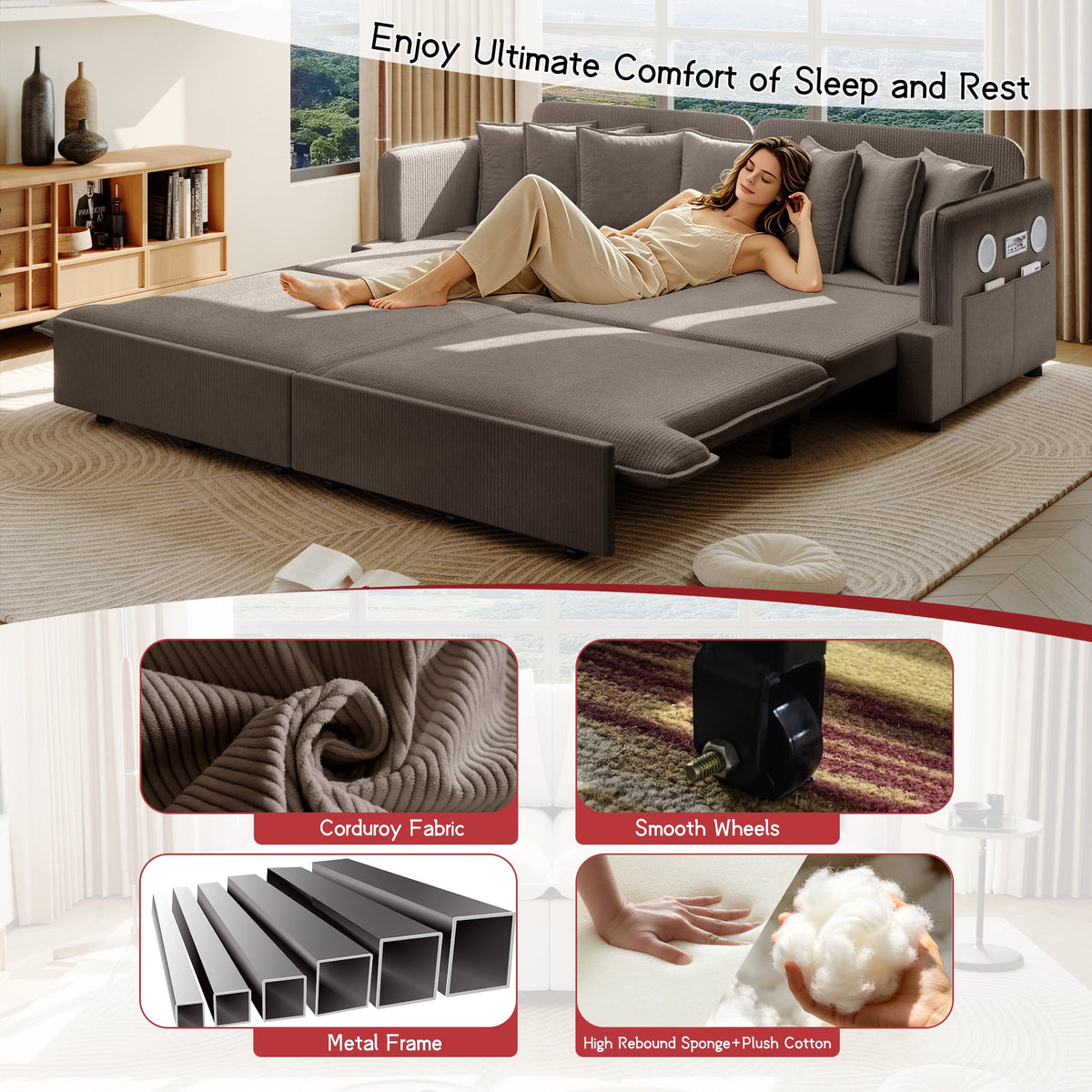  Pull Out Sofa Bed King Size, 82" Loveseat Sofa with Bluetooth Speakers, USB Ports, Side Pockets, Corduroy Sofa Couch Convertible Sofa Bed for Living Room Brown