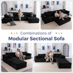 BYBYME Cloud Sectional Couch with U-Shape Chaise Modern Comfy Modular Corduroy Sofa for Living Room,Tufted 6-Seat Sleeper Chair with 2 Ottoman,Sofa in A Box,No Assembly Required,Black