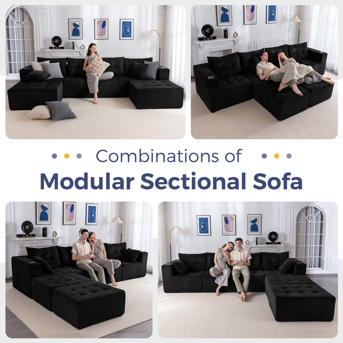 BYBYME Cloud Sectional Couch with U-Shape Chaise Modern Comfy Modular Corduroy Sofa for Living Room,Tufted 6-Seat Sleeper Chair with 2 Ottoman,Sofa in A Box,No Assembly Required,Black
