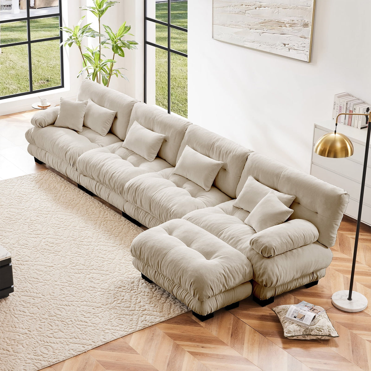 SOLIA 130" 3-Seat U-Shaped Cloud Modular Sectional Couch Velvet with Movable Ottoman