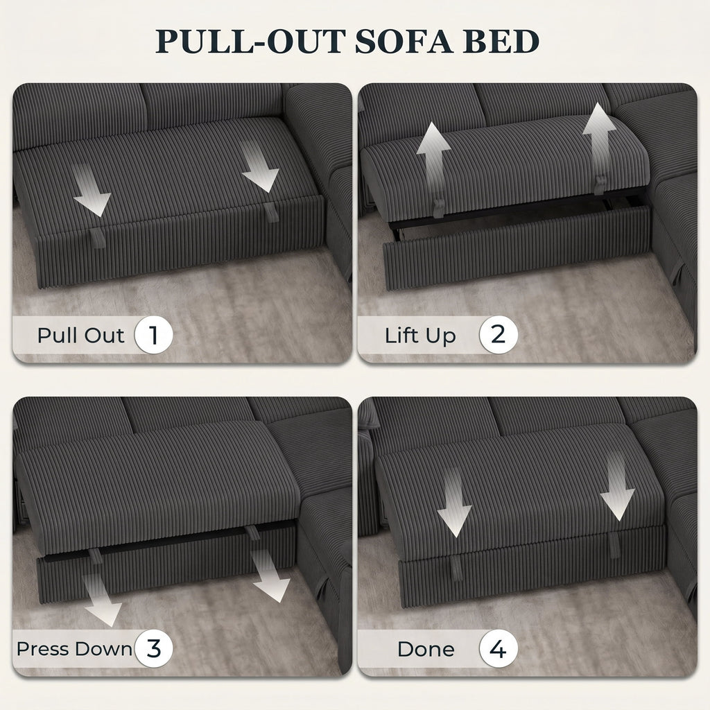 Time Ray 7 Seaters Storage Sectional Sleeper Sofa with Pull Out Bed,Modular Sectional Sofa with Storage Ottoman,Side Pocket,2 Loveseat,Plush Corduroy Sectional Couches for Living Room,Grey