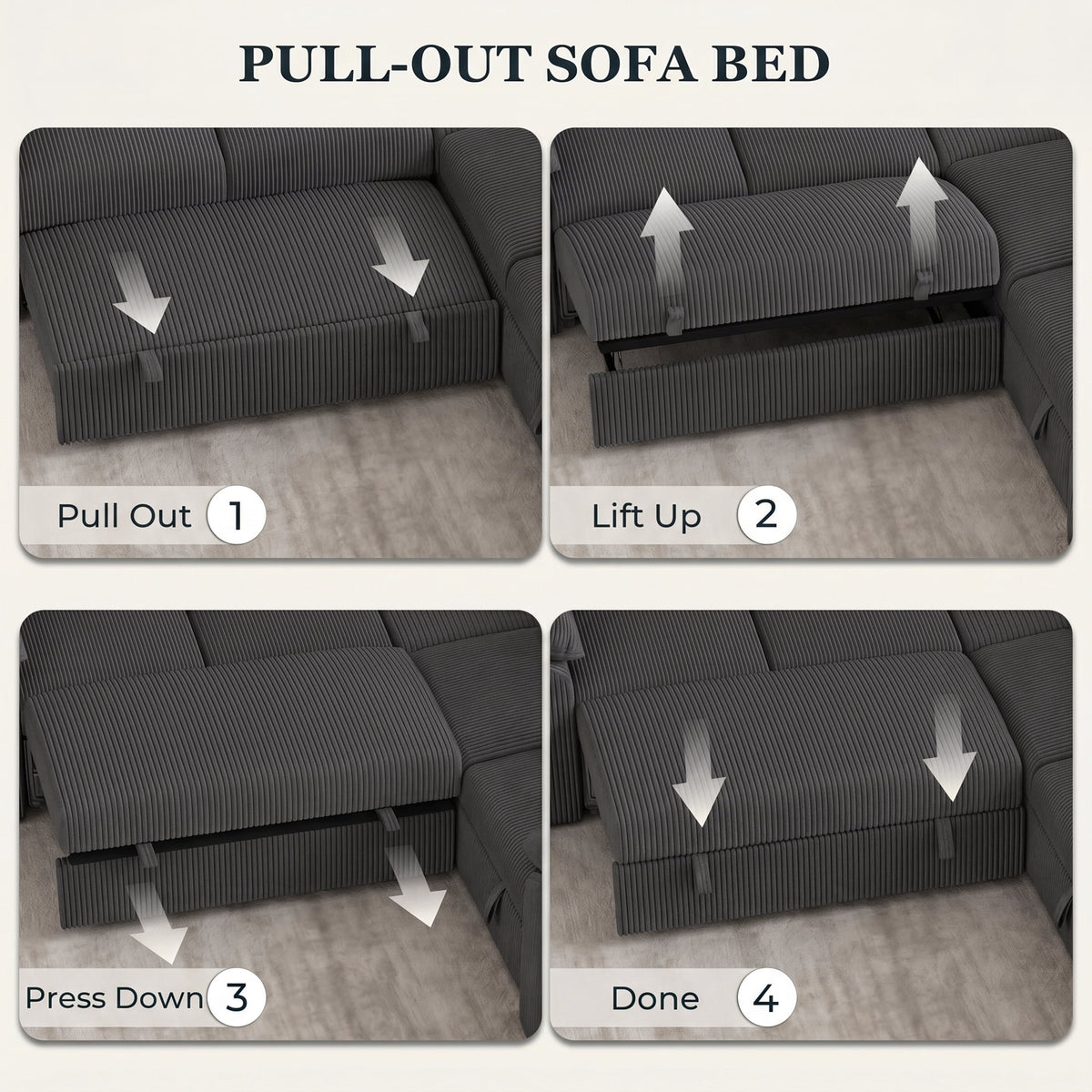 Time Ray 7 Seaters Storage Sectional Sleeper Sofa with Pull Out Bed,Modular Sectional Sofa with Storage Ottoman,Side Pocket,2 Loveseat,Plush Corduroy Sectional Couches for Living Room,Grey