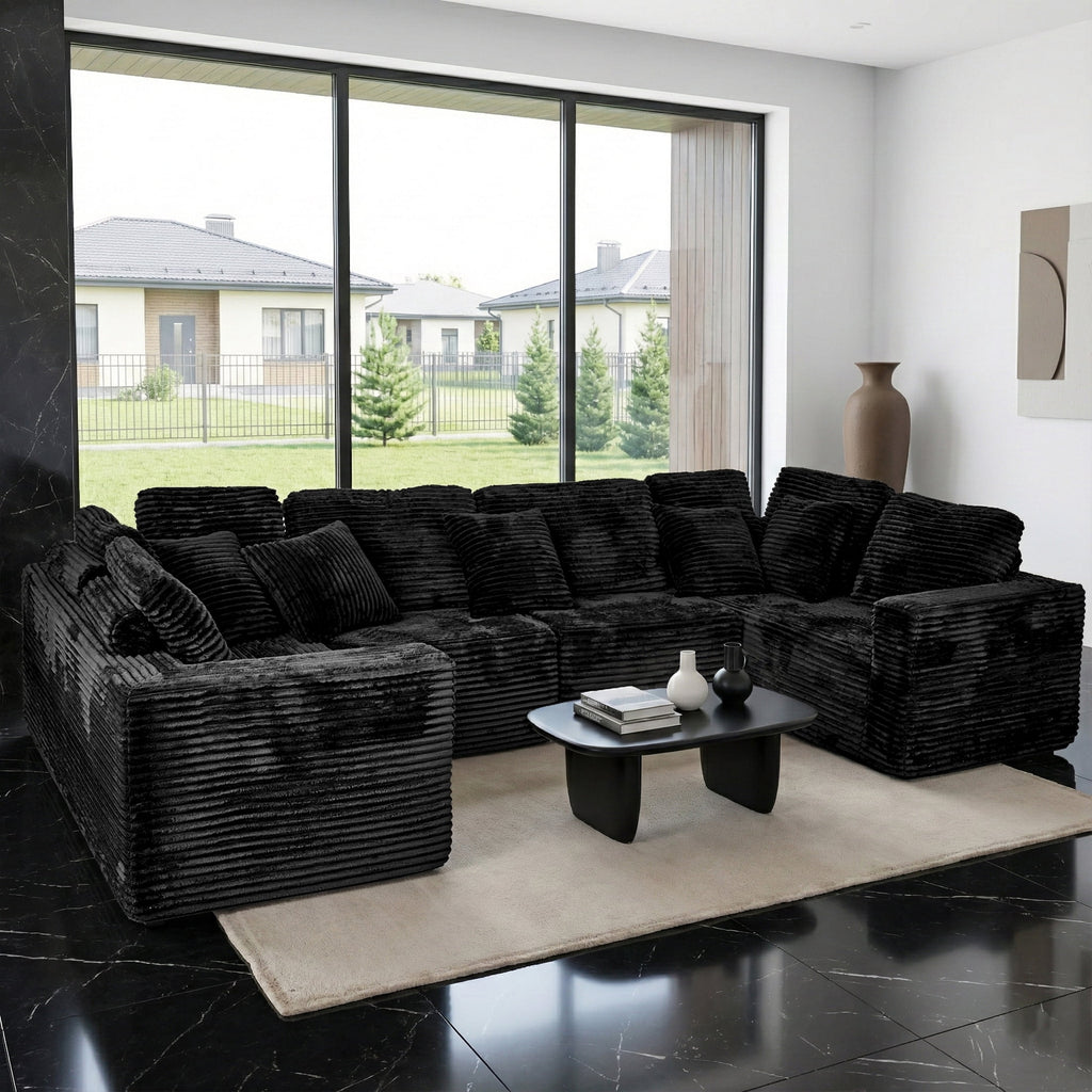  135.5" Sectional Couch, Black U Shaped Sofa for Living Room, Boneless Cloud Couch with Chaise,6-Seater, Corduroy Fabric, Freely Configurable Layout