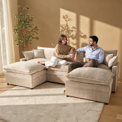 Toject 107.87" Modular Sectional Sofa U Shaped Cloud Couch, Chenille 4 Seat Deep Seat Sofa with 2 Movable Ottomans for Living Room Bedroom Apartment, Oatmeal